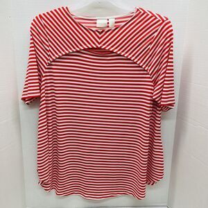 Chicos Red White Striped Top Blouse Size 1=Med Keyhole Knit Short Sleeve Blouse